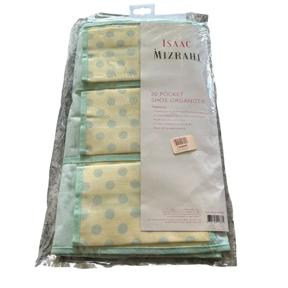Isaac Mizzrahi Shoe Organizer & Medium Storage Box Beige w/ Green Polka Dots NEW